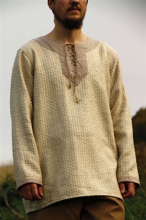 Medieval Inspired Mens Tunic Top With Lace Decorative Collar In Beige