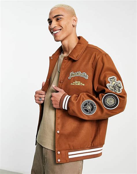 Asos Design Varsity Bomber Jacket In Tan Asos