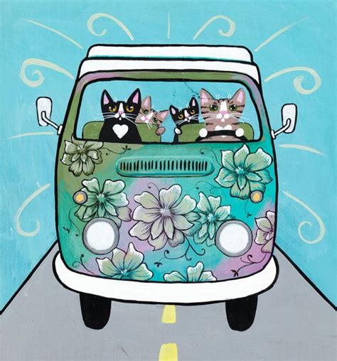 A Spring Road Trip Folk Art Painting Cat Painting Crazy Cat Lady