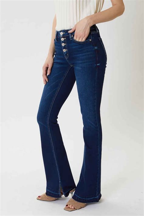 Kancan Jeans Mid Rise Button Fly Flare Jeans For Women In Dark Wash