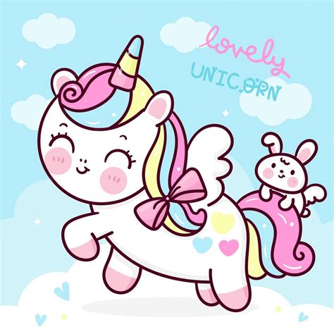 Premium Vector Cute Unicorn Pegasus Cartoon With Bunny Rabbit Kawaii