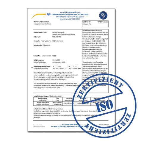 Iso Calibration Certificate For Material Thickness Meter Pce Instruments