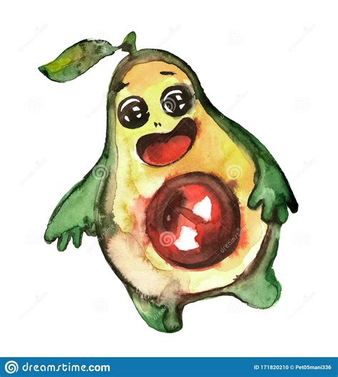 Cute Happy Avocado Dancing Watercolor Illustration Cartoon Character