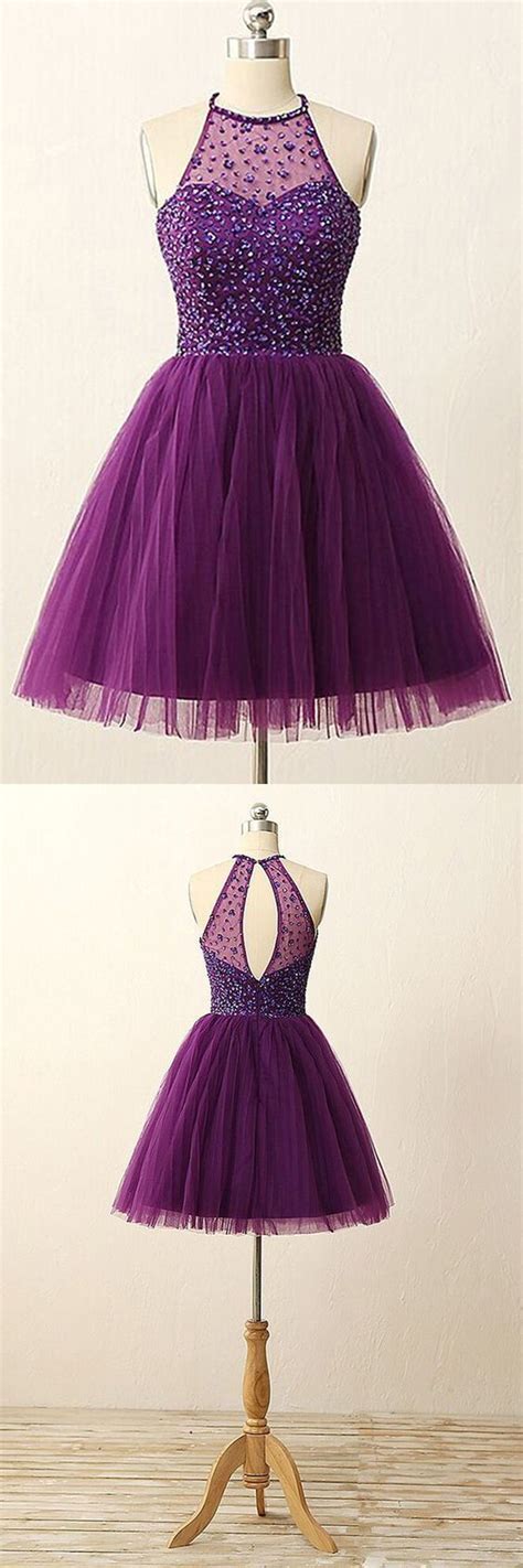 Elegant Purple Homecoming Dressshort Beaded Prom Gownshalter Party