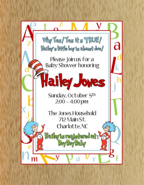 Set of 25 greenery baby shower invitations, diaper raffle tickets, baby shower book request cards with envelopes | jungle safari boho floral tropical invites for gender reveal party, boys and girls. Dr Seuss Baby Shower Invitation on Storenvy
