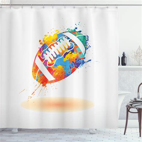 Sports Shower Curtain Rugby Ball With Rainbow Brush Effects Filled