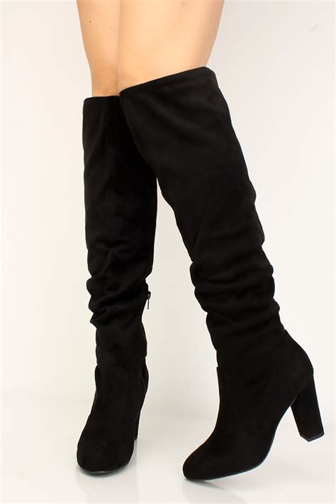 Black Ruched Faux Suede Chunky High Heel Boots Women Of Edm