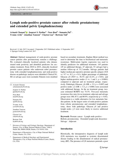Lymph Node Positive Prostate Cancer After Robotic Prostatectomy And Extended Pelvic