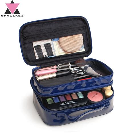 Wholikes 2017 Fashion Waterproof Beautician Double Layer Cosmetic Storage Makeup Bag Leather