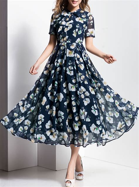 Retro Slim Floral Print Big Hem Maxi Dress Womens A Line Dresses Womens Fashion Dresses