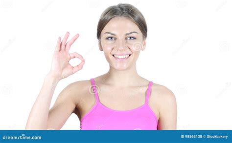 Woman Showing Ok Sign White Background Stock Photo Image Of Fine Happy