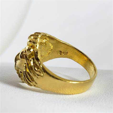 Solid 24k Yellow Gold Handcarved Large Heavy Mens Lion Ring Size 5 11
