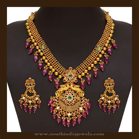 Gold Antique Necklace With Rubies From Vbj South India Jewels