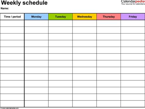 Weekly Calendar Template 7 Day