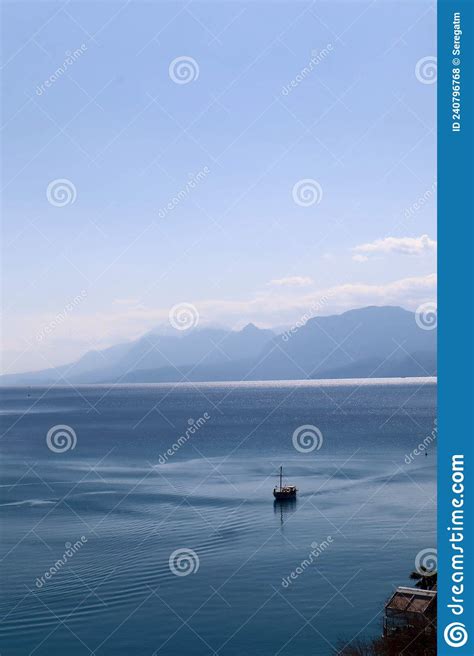 View Of Gulf Of Antalya In Turkey With The Ship On The Sea Surface And