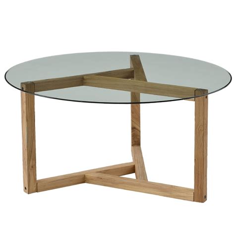 Modern Design Round Glass Coffee Table Tempered Glass Top Wood Base