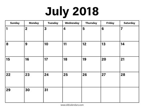 July 2018 Calendar Printable Old Calendars