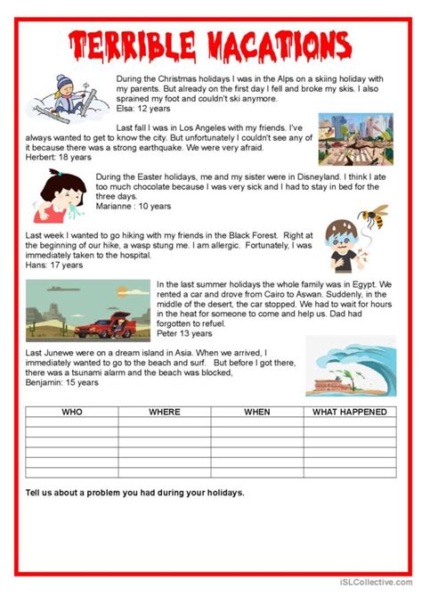 Easy Reading Terrible Vacations English Esl Worksheets Pdf And Doc