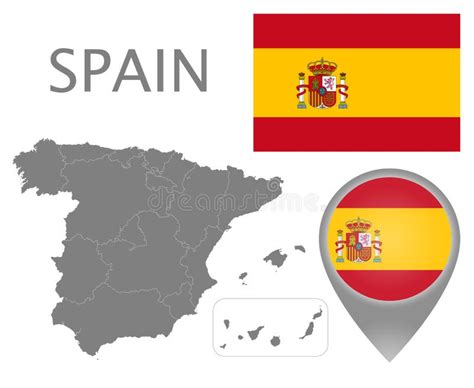 Spain Flag Map Pointer And Map With Administrative Divisions Stock