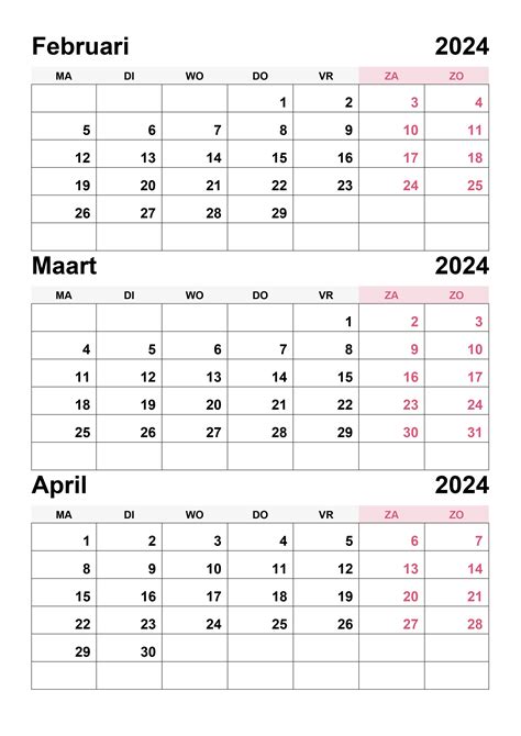 Kalender Februari Maart April 2024