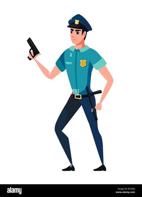 Oficial De Policía Mantenga El Arma Y Vistiendo Pantalones Azul Oscuro