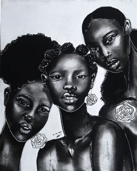 a drawing of three black women with tattoos on their arms and chests one woman has her arm