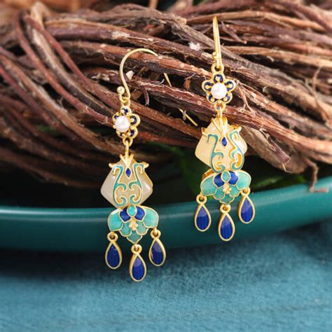 I03 Cloisonne Earring Blue Turquoise White Jade Silver 925 Gold Plated