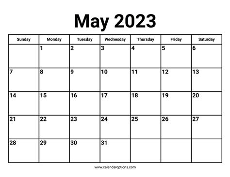 May 2023 Calendar Calendar Options