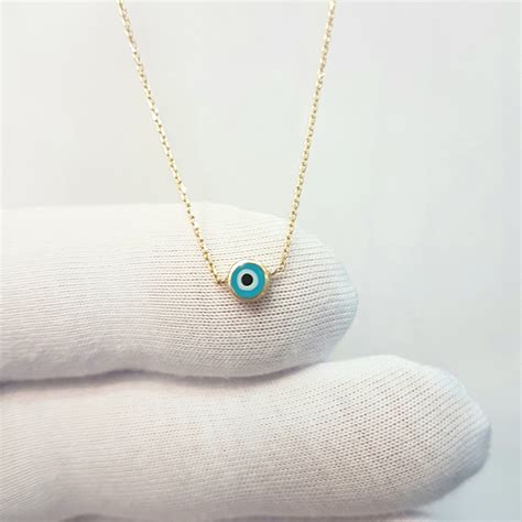 14K Real Solid Yellow Gold Evil Eye Pendant Necklace For Women Navy