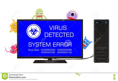 List of solutions & fixes. Desktop Computer Error Screen With Cartoon Virus Stock ...
