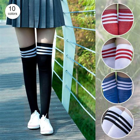 new fashion girls stockings casual striped cotton thigh high over knee womens female long knee