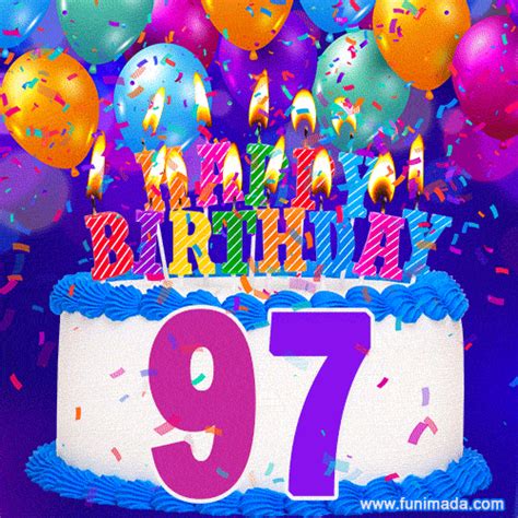97th Birthday Cake  Colorful Candles Balloons Confetti And Number