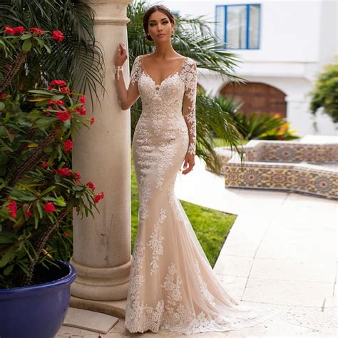 Champagne Wedding Dresses Illusion Long Sleeves V Neck Lace Applique