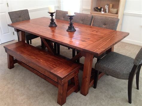 A tabletop and a seat in mid browns are rectangular. Dining Room Table Bench Set : The Creative Room Design ...
