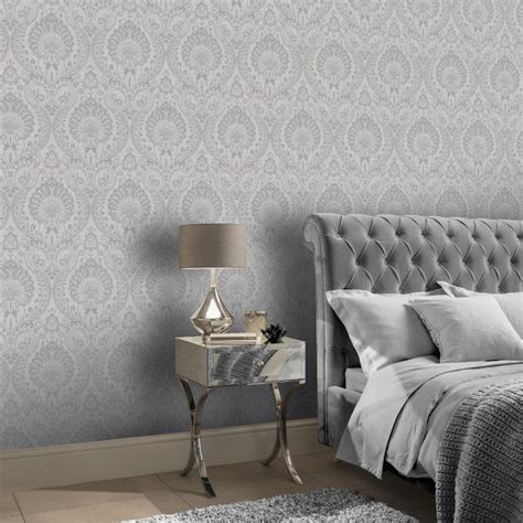 Decoris Silver Damask Wallpaper For Bedroom And Living