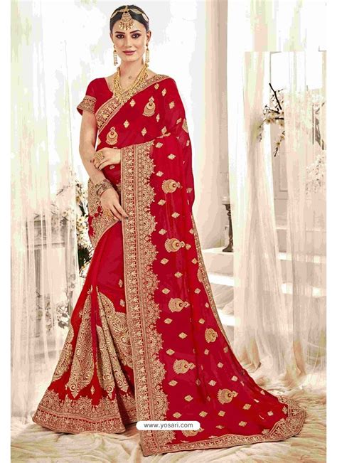 Buy Fascinating Red Designer Heavy Embroidered Wedding Saree Wedding