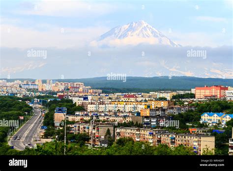 View Of The City Petropavlovsk Kamchatsky On Background Of Koryaksky