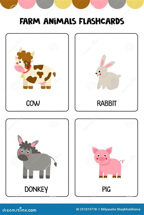 Cute Cartoon Farm Animals With Names Flashcards For Children Stock