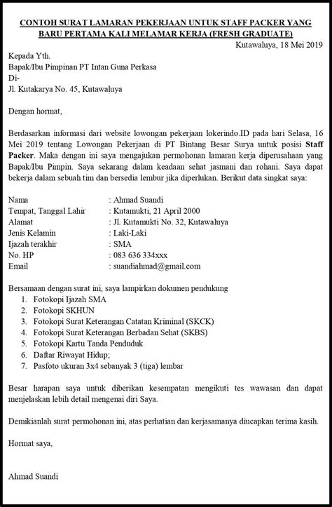 Contoh surat lamaran kerja di pt sebagai karyawan (doc). Contoh Surat Lamaran Pekerjaan Untuk Manufaktur Dan Gudang ...