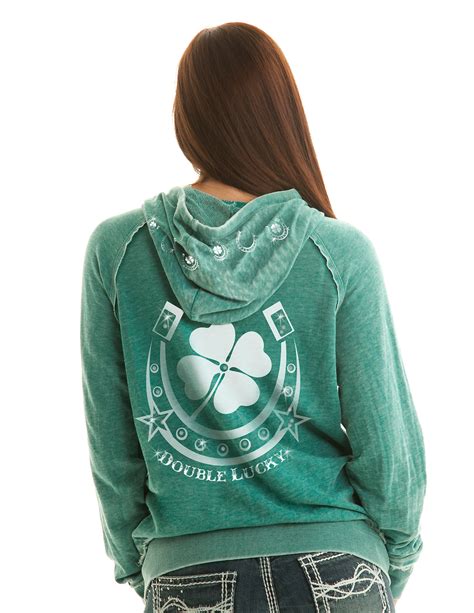 Cowgirl Tuff Womens Green Cotton Blend Hoodie Crystals Double Lucky Xs Ebay