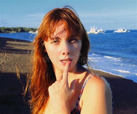 Face Of Beautiful Red Hair Girl On The Beach Stock Photo Image Of Girl Outside