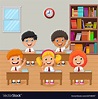Cartoon school kids raising hand in the classroom Vector Image