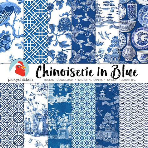 Chinoiserie Digital Paper Chinesische Muster Blaues And Weißes Papier