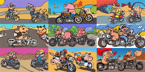 Cartoon Illustration Of A Pig Riding On A Motorcycle Stable