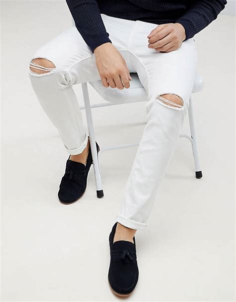 Asos Design Skinny Jeans In White With Knee Rips Asos