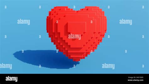Voxel Art Isometric Passion Red Color Heart Shape With Shadow On Blue