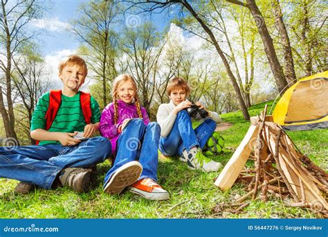 Happy Three Friends Rest Together During Camping Stock Photo Image Of