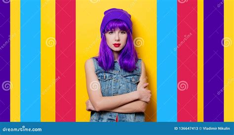 Young Style Hipster Girl With Purple Hair Stock Image Image Of