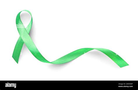 Green Ribbon On White Background Cancer Awareness Concept Stock Photo