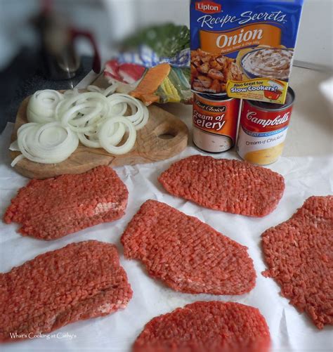 In a small bowl mix the mushroom soup, ginger ale and onion soup mix. What's Cooking At Cathy's?: Crock-pot Cube Steak